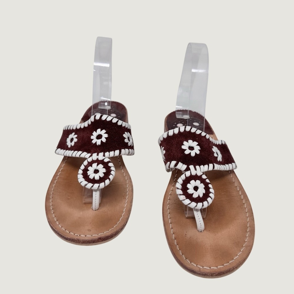 Jack Rogers Sandals Womens 9M Brown White Thong Flip Flop Whipstitch Leather